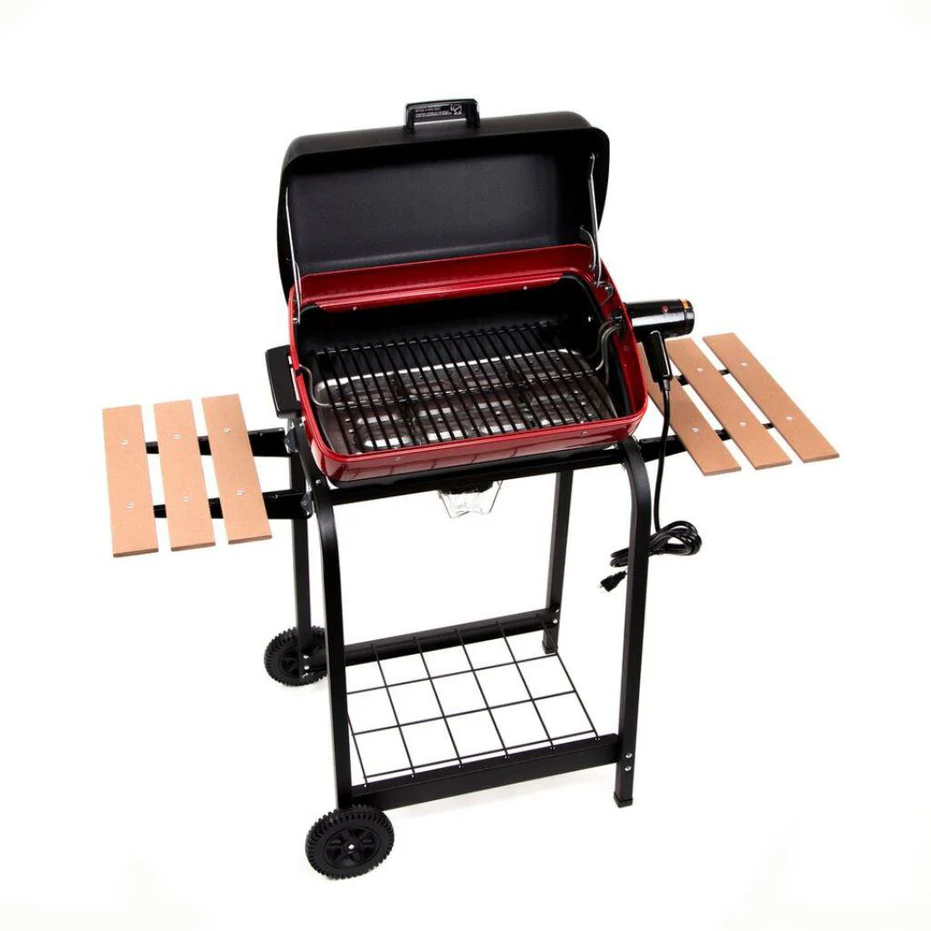 Americana 21" Electric Cart Grill with Two Folding, Composite-Wood Side Tables, Shelf and Rotisserie - Image 2