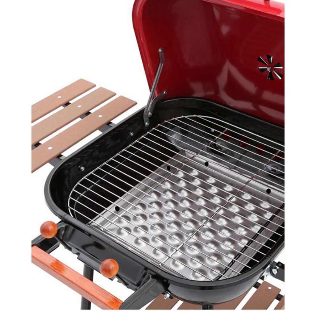 Americana 50" Red Swinger Charcoal Grill with Two Side Tables & Bottom Shelf - Image 2