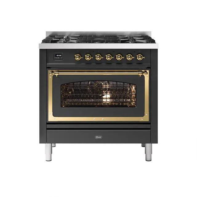 ILVE Nostalgie II Series Matte Graphite Freestanding Single Oven Induction Range In Brass Trim With 4 Zones