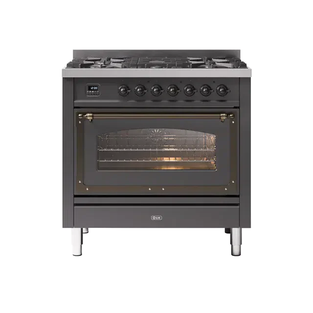 ILVE Nostalgie II Series Matte Graphite Freestanding Single Oven Induction Range In Bronze Trim With 4 Zones