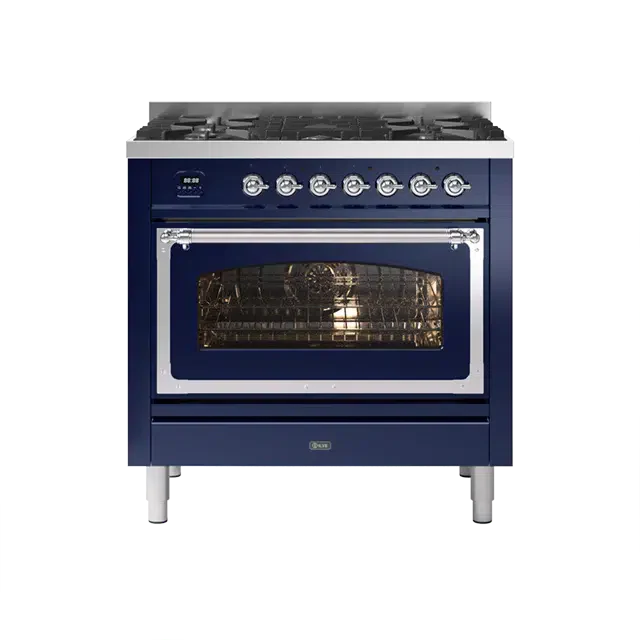 ILVE Nostalgie II Series Midnight Blue Freestanding Single Oven Induction Range In Chrome Trim With 4 Zones