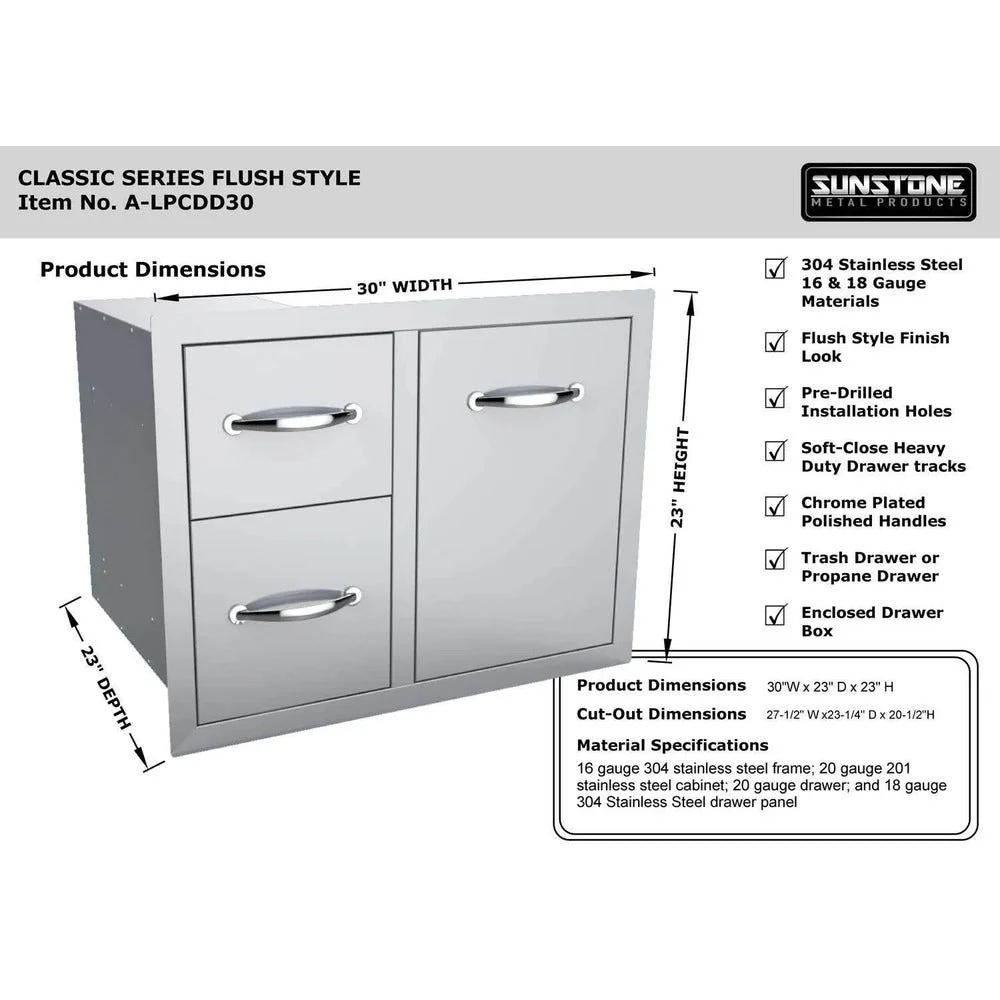 Sunstone Classic Series 30" Stainless Steel Tank Tray Double Drawer Combo - Image 6
