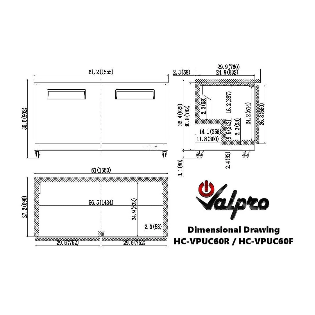 Valpro 16 cu.ft. 61" Stainless Steel Solid 2-Door Under-Counter Refrigerator - Image 3