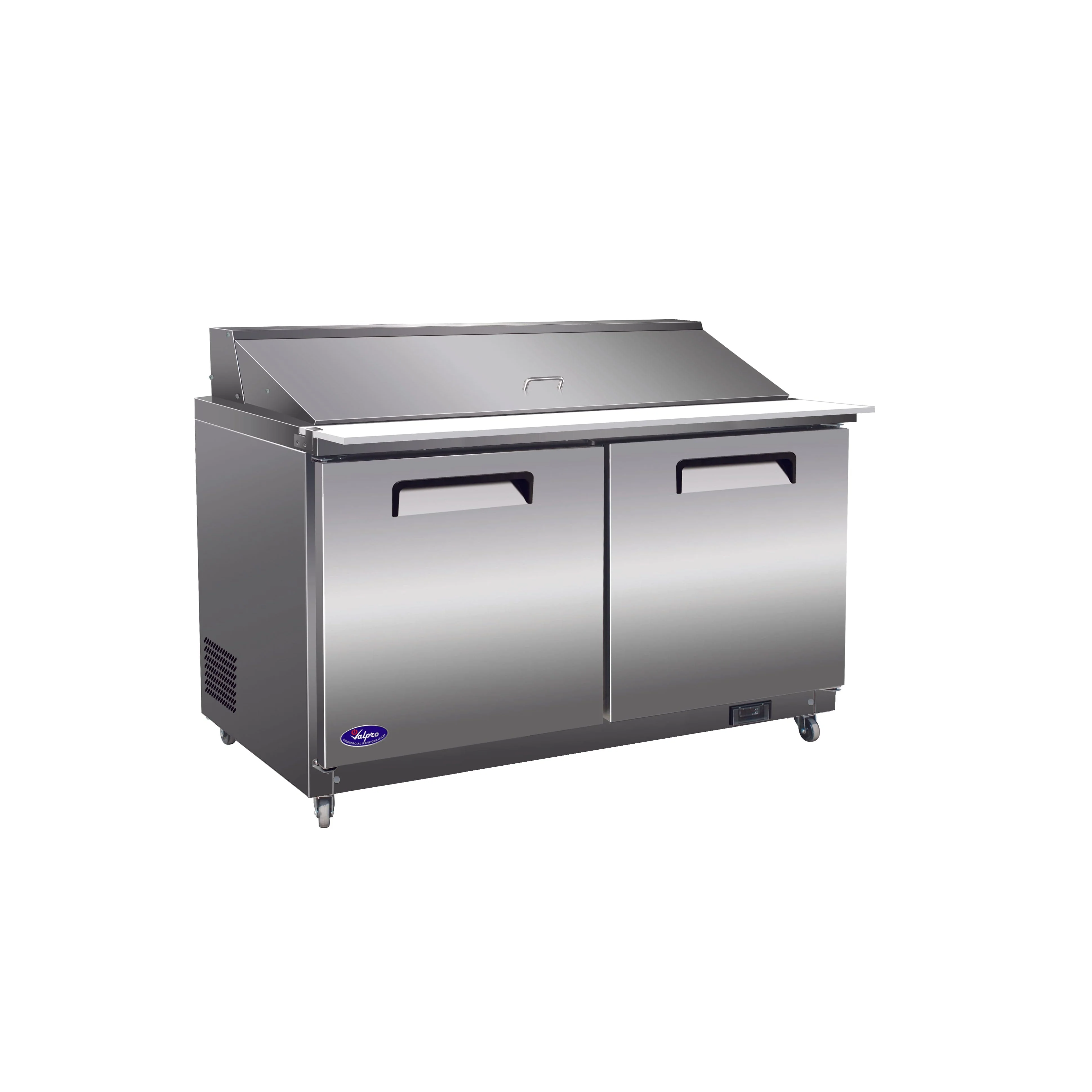 Valpro 61" x 35" Stainless Steel Solid 2-Door Refrigerator With 24-Pan Food Preparation Mega Table Top